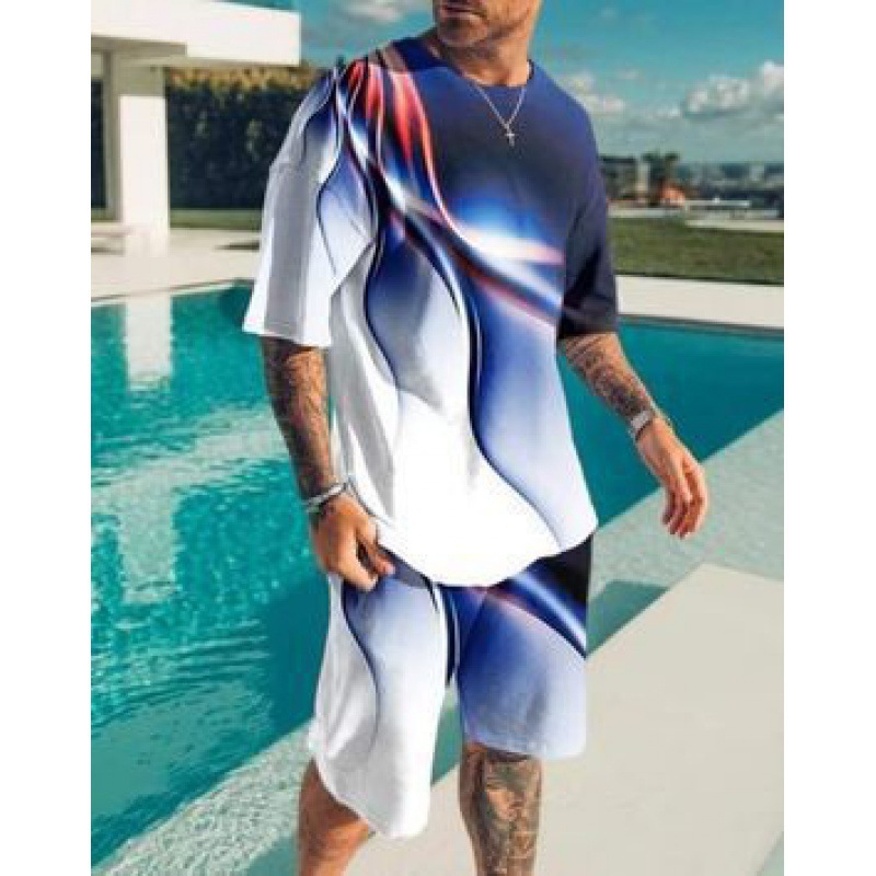 2023 verano transfronterizo camiseta 3D europea y americana manga corta pantalones cortos de dos piezas deportivos casuales para hombres