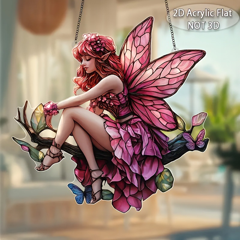 Colgante plano 2D, 1 pieza de rosa Fairy Acrylic Colgante - 8 "x 8" Dream Catcher