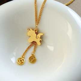 古法独角小马吊坠项链轻奢精致钱币流苏马上有钱锁骨链