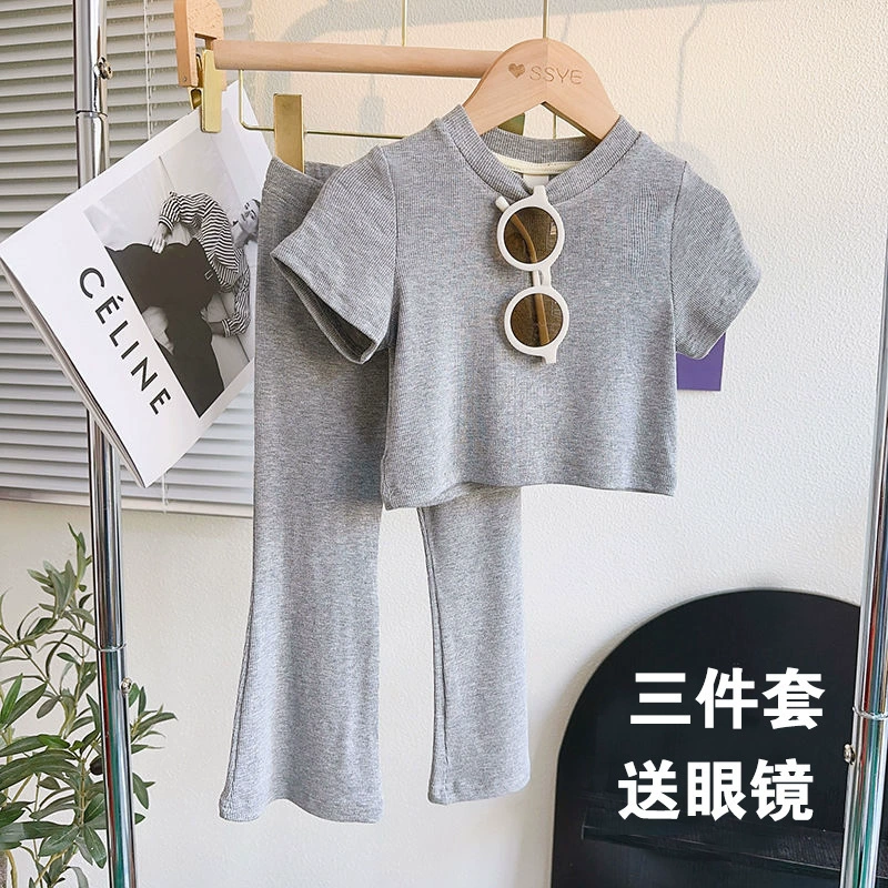 Брюки-клеш для девочек, летний стильный костюм, высококачественная детская одежда для маленьких девочек, большой эластичный стиль, корейский стиль, с короткими рукавами