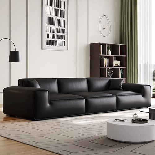 Chatu Large Black Ox Leather Sofa, Italian Minimalist Living Room, Small Household Modern Light Luxury, Straight Black Three-Seater Sofa