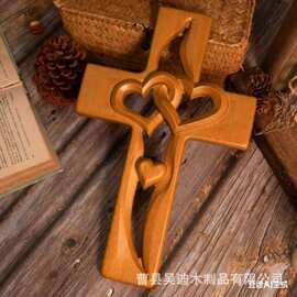 跨境新品爱情十字架墙壁装饰婚礼情人节十字架木质雕刻心形工艺品