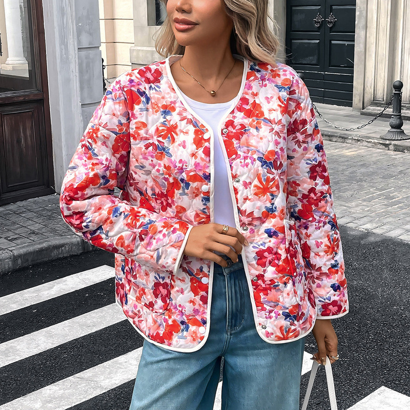 Cross-Border European and American Women's Jacket Autumn and Winter Thin Single-Breasted Pocket Print New Fashion Loose Long-Sleeve Top