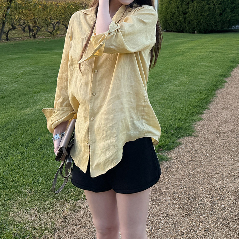 Huiyi Yellow Skin Tone Softening Summer Sunshine 100% Linen Shirt for Women, Loose and Lazy Atmosphere for Summer