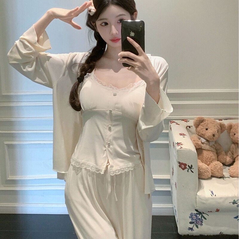 Spring and Autumn 2024 New Modal Cotton Pajamas Women's Sling Long Sleeve Three-Piece Set Fairy Style Home Clothes Internet Celebrant Spring and Autumn 2024 New Modal Cotton Pajamas Women's Sling Long Sleeve Three-Piece Set Fairy Style Home Clothes Internet Celebrant