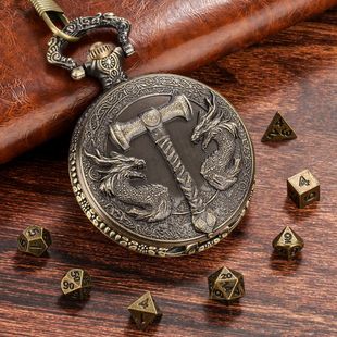 Private Model Dnd Dice Accessory Pocket Watch Case with Vintage Engraved Three-Dimensional Double Dragon Head and Hammer Design, Available for Dropshipping