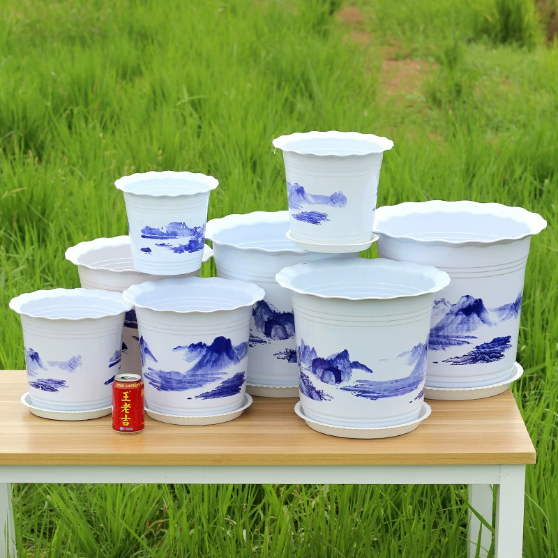 Зеленый большой утолщенный пластиковый цветочный горшок Настольный круглый цветочный горшок из смолы Имитация керамического ландшафта Настольный цветочный горшок