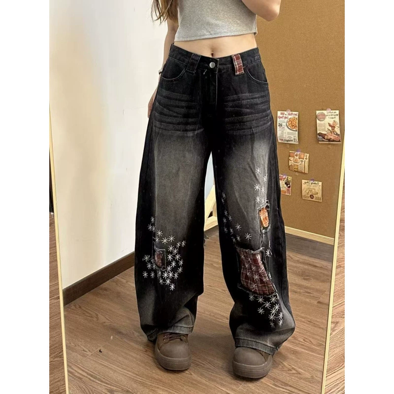 Женские прямые джинсы в американском стиле ретро в клетку с вышивкой в ​​стиле пэчворк, летний дизайн, свободный крой, утягивающие брюки длиной до пола.