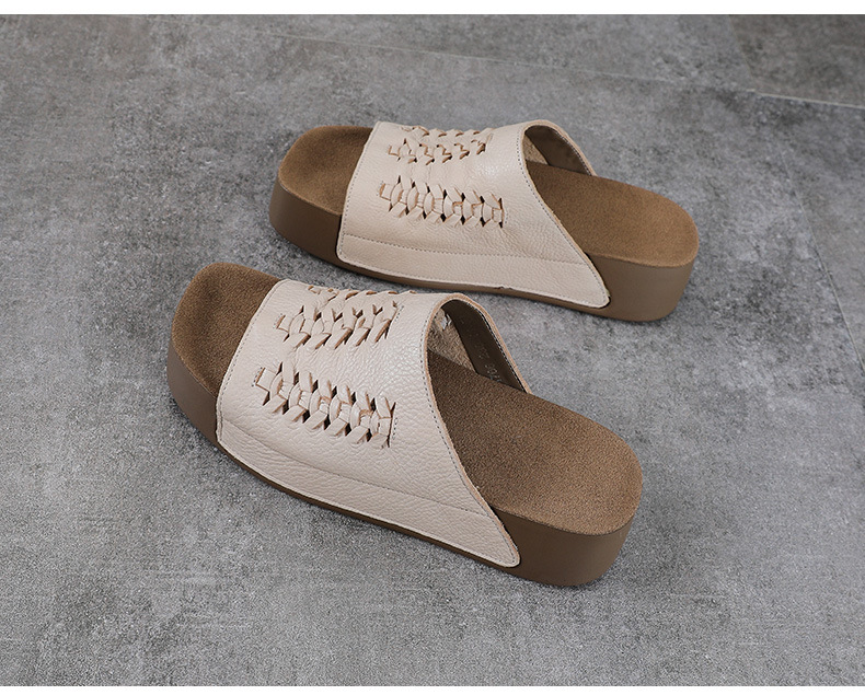 Dép sandal nữ quai ngang da bò thật đế dày phong cách cổ điển — màu be chi tiết 12