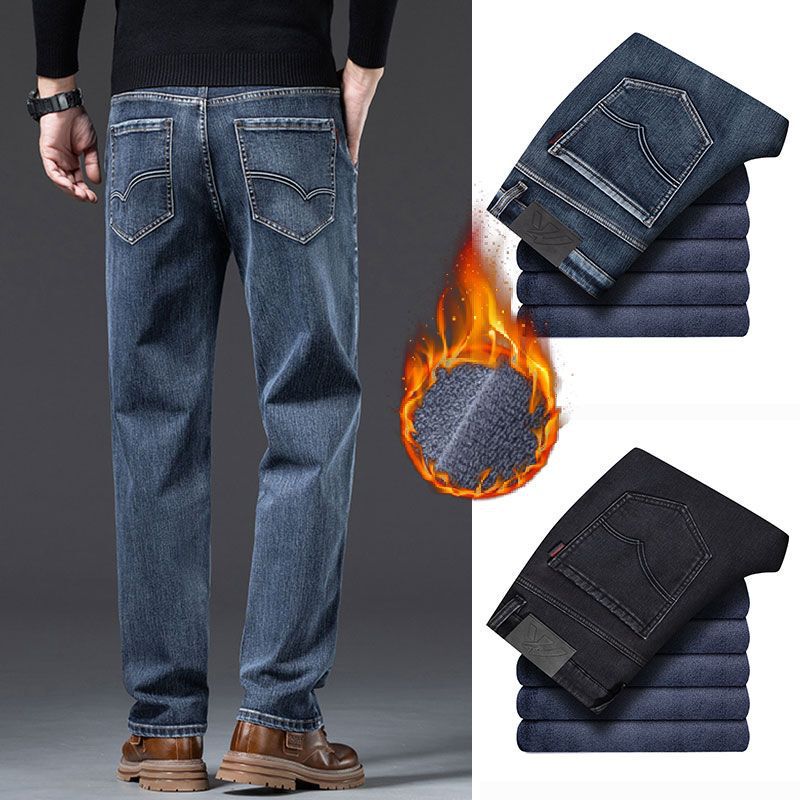 2025 New Winter Velvet Straight Jeans Men's Loose Large Size Pants Fashionable Warm Casual Pants