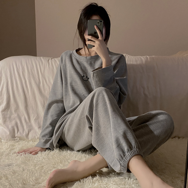 2023 new smiley face Spring and Autumn Winter waffle pajamas women's suit sports summer long sleeve homewear 2023 new smiley face Spring and Autumn Winter waffle pajamas women's suit sports summer long sleeve homewear