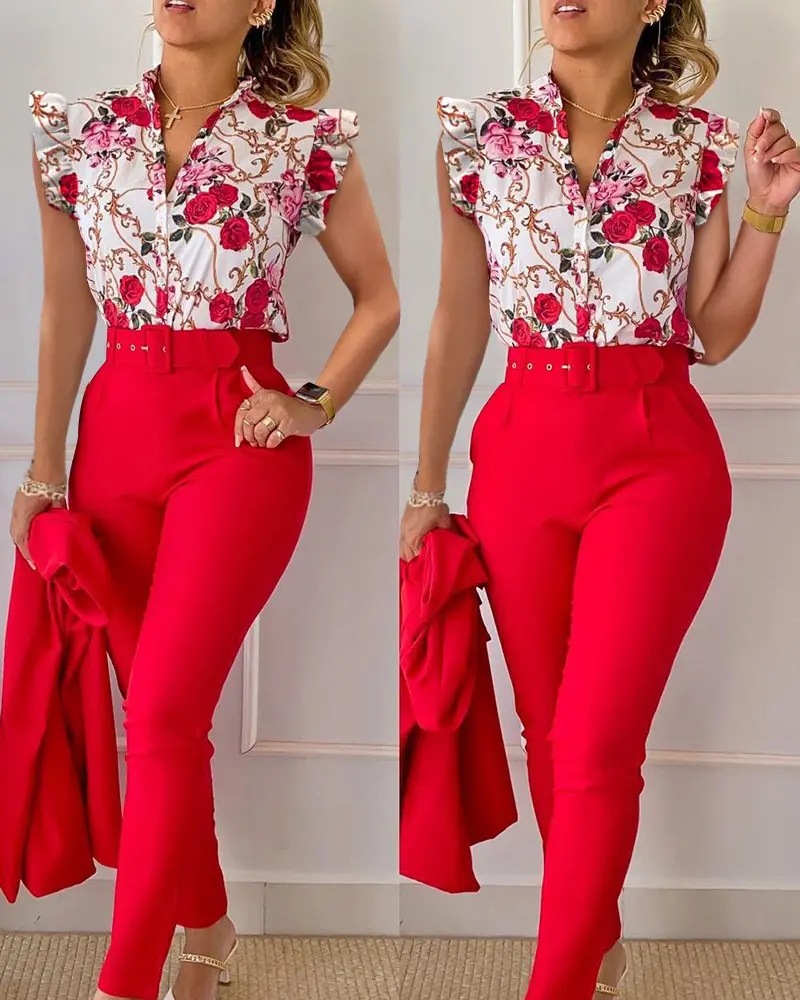 new fashion printed lotus leaf sleeve top solid color pants suit with belt_voghion.com