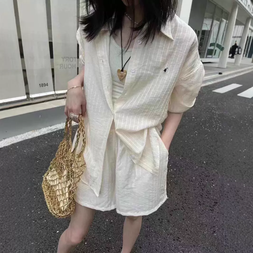 RL拉夫棉麻条纹两件套小马标刺绣休闲空调套装防晒长袖衬衣+短裤