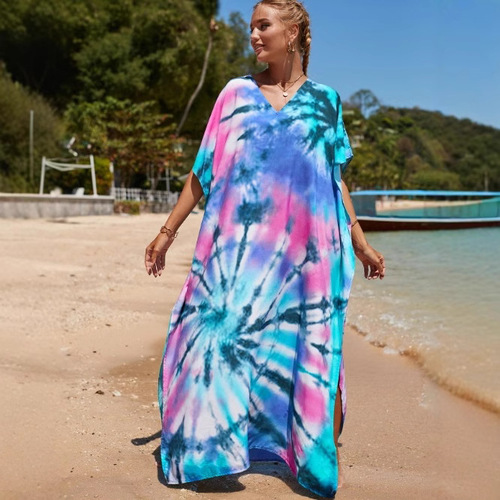 2025 Western and European Fashion Print Bali Beach Dress Gown Style Coastal Vacation Sun Protection Leisure Style