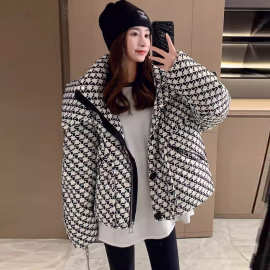 千鸟纹时尚设计感短款羽绒服女2025冬季新款立领休闲小个子外套潮