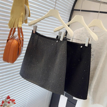 法式高级氛围感闪闪黑色亮片毛呢短裙女秋冬小香风A字包臀半身裙