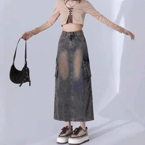 Vintage Cowboy Skirt Semi-annual Skirt New Women Spring Autumn Petite Long Length High-waist Bubble Butt A-line Skirt