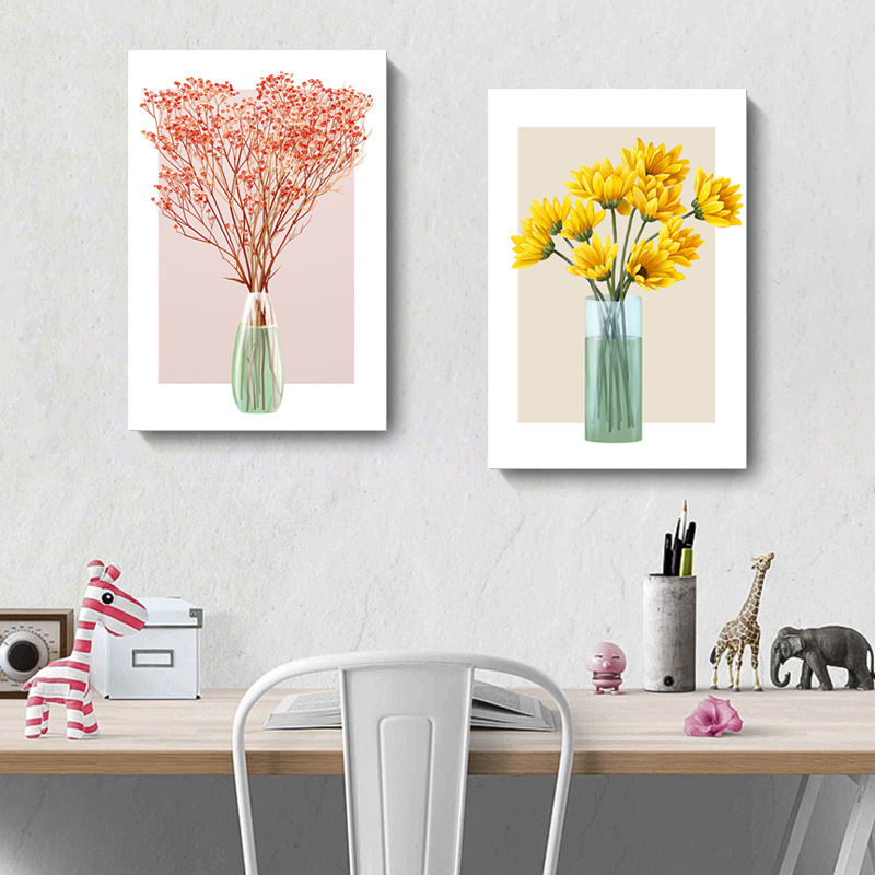 简约装饰画餐厅客厅饭厅卧室挂画奶油风花瓶向日葵满天星花卉壁画