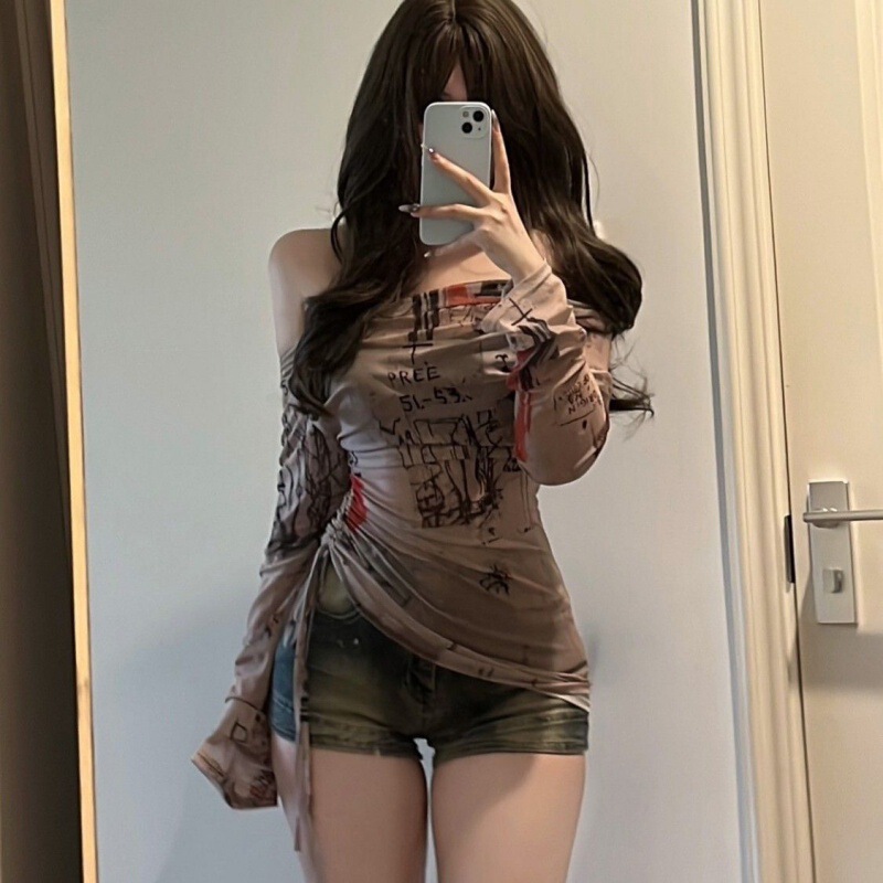 American-style off-shoulder long-sleeved T-shirt women's summer thin mesh graffiti printed irregular drawstring top