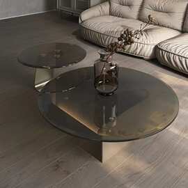 意式极简钢化玻璃圆形茶几创意极简设计师家用客厅大小圆茶几
