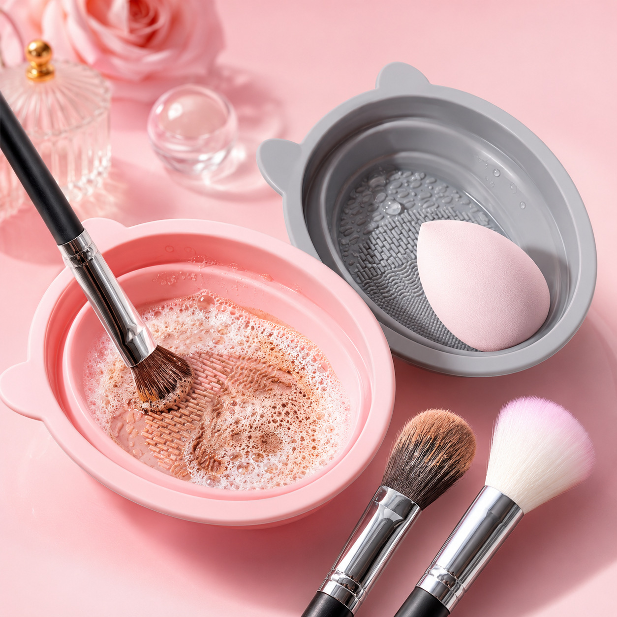Limpiador de brochas de maquillaje en stock que no daña las cerdas, esponja para polvos, esponja de belleza, tazón de limpieza plegable de silicona, set de lavado y secado al por mayor.