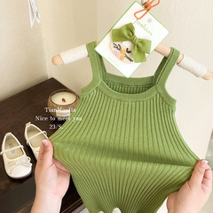 Korean style girls' clothing 2024 summer new fashion style green knitted suspender dress pit strip sleeveless princess skirt