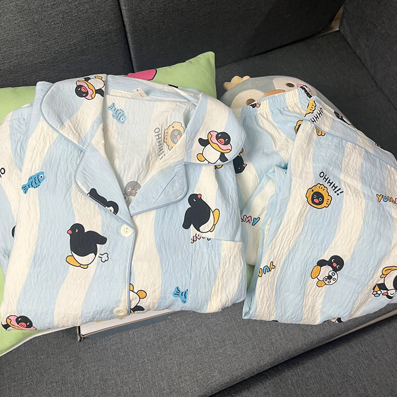 2025年新作 レディースパジャマ 春秋 クラウドコットンガーゼ 長袖長ズボン 日本風ins風 小犬柄 ホームウェア 夏