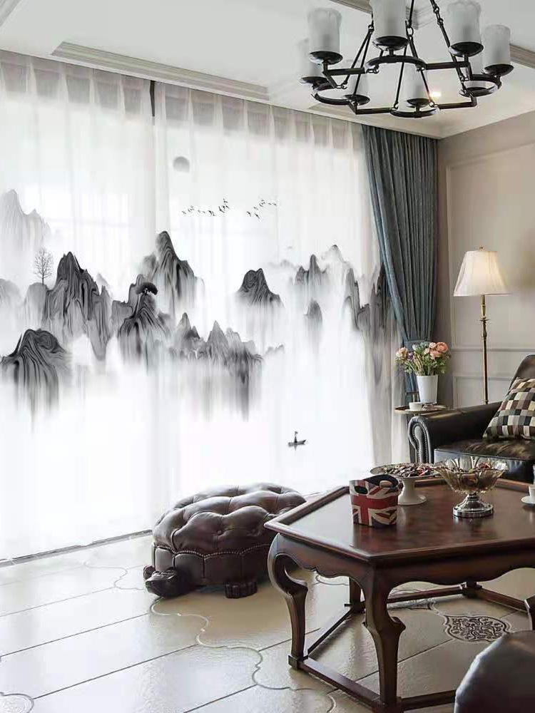 A5L半遮光不透人紗簾數碼印花窗紗古典中式風山水畫3D水墨畫窗簾