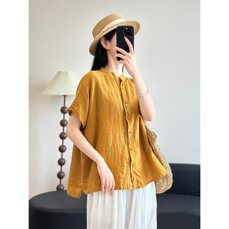 Stand Collar Cardigan Cotton Linen Thin Short-Sleeved Shirt Top Summer New Solid Color Loose Cardigan Plus Size Women's Fashion