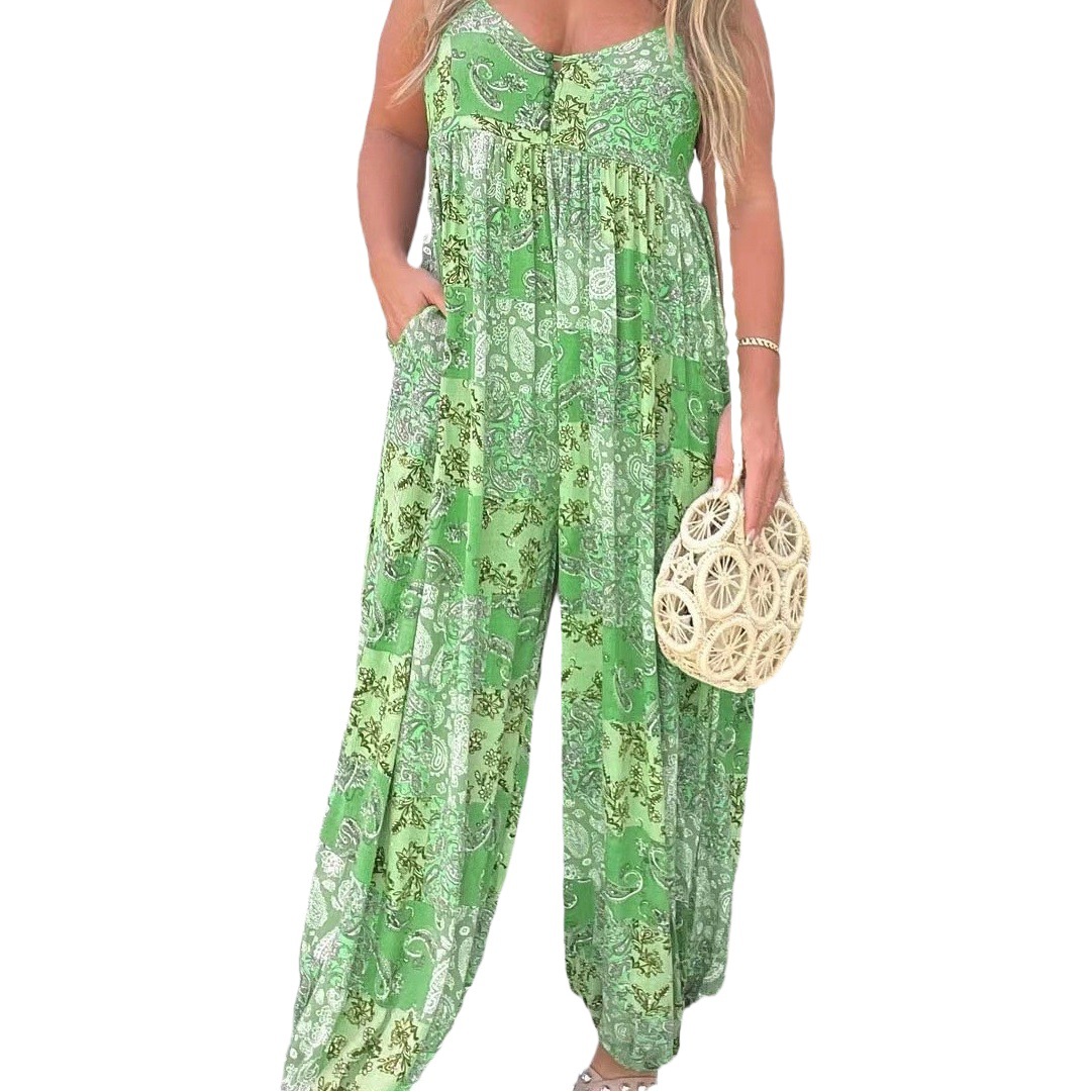 Mono holgado de tirantes con estampado de moda y cintura alta para mujer, el más vendido de Amazon Wish.