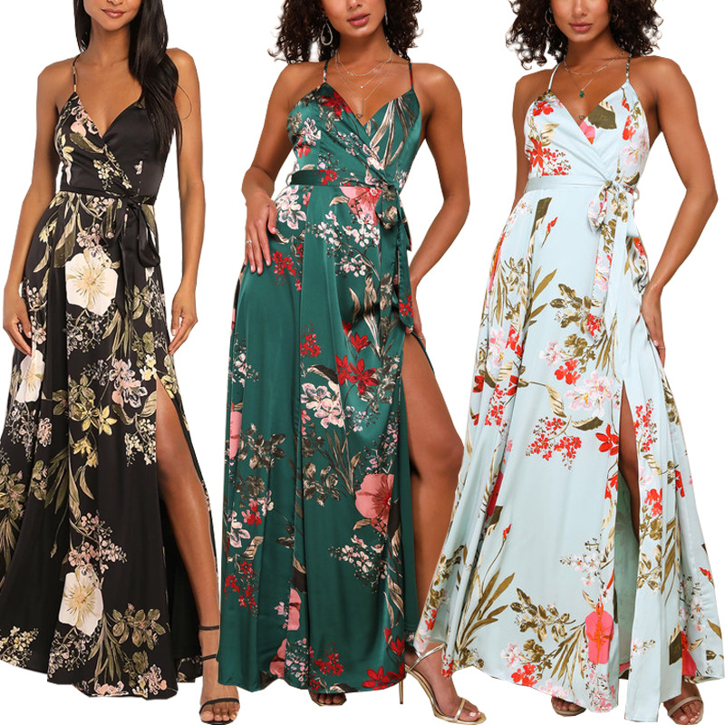 449 유럽과 미국의 대외 무역 국경 간 V-스트랩 인쇄 백리스 분할 레저 휴일 해변 통근 기질 긴 원피스