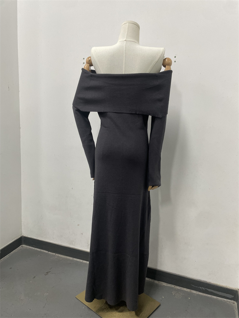 Autumn Winter Women Clothing Elegant off Shoulder Dress Solid Color Formal Dress Length Dress