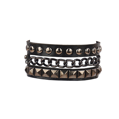 European and American cross-border punk gothic personality asymmetric chain leather bracelet square and round rivet multi-layer bracelet bracelet