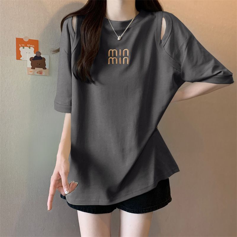 Camiseta de manga corta con hueco para mujer Verano nuevo estilo coreano diseño de longitud media camisa de fondo más tamaño que adelgaza la parte superior bordada