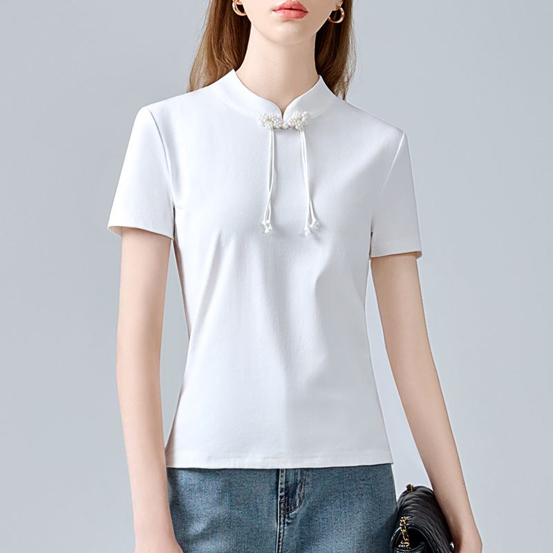 Nueva camiseta china de mangas cortas para mujeres 2025 nueva camiseta de algodón negro de cuello de hebilla de diseño de camiseta de bordilla