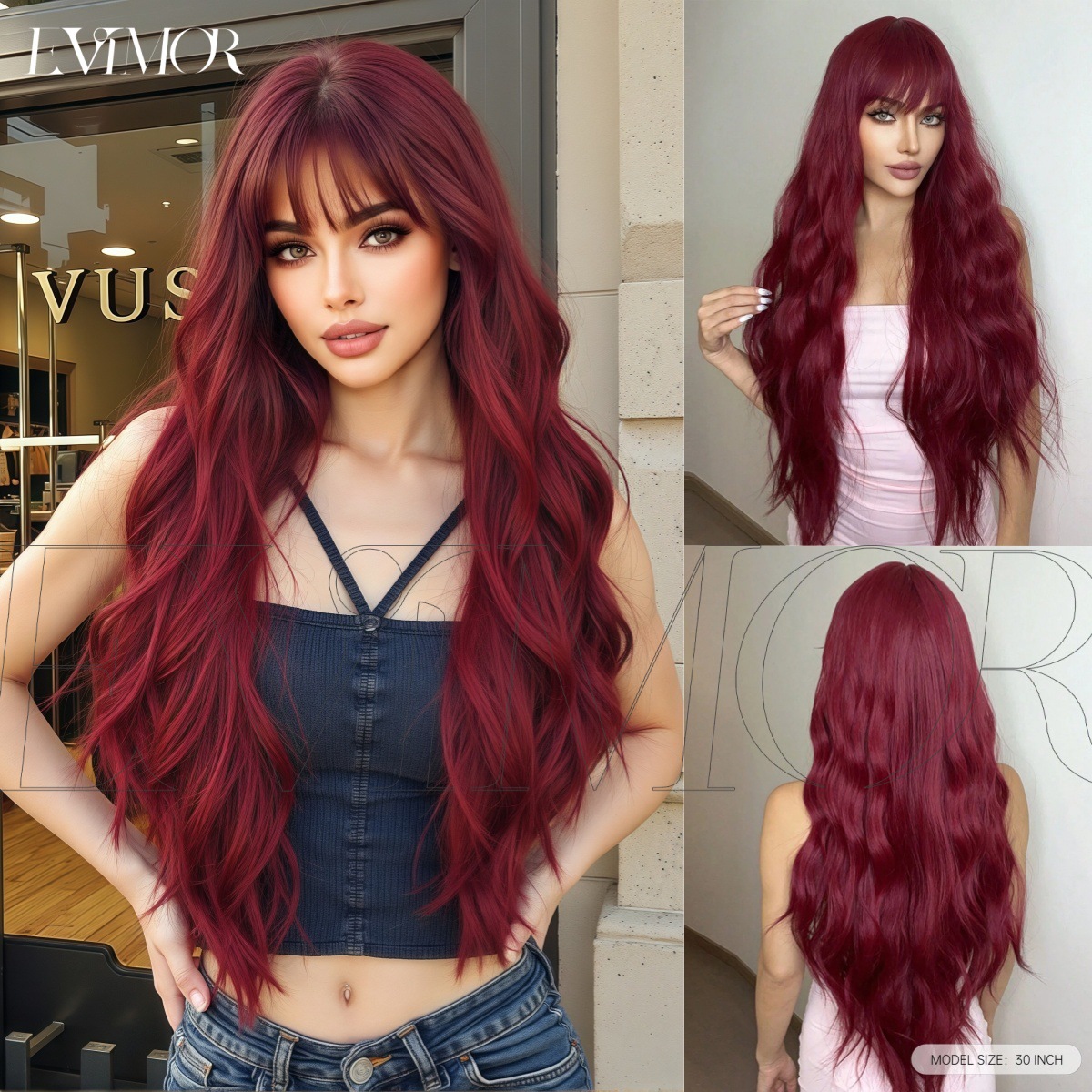 Estilo europeo y americano Cosplay pequeño rizado flequillo Rosa rojo largo pelo rizado onda grande cabeza completa cubierta realista Peluca de las mujeres