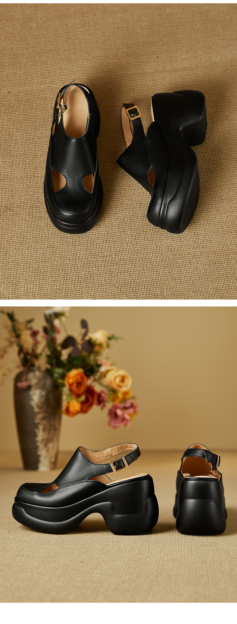 Sandal nữ cao gót đế xuồng platform mũi kín phong cách La Mã, gót 9.5 cm — màu đen, màu trắng chi tiết 12