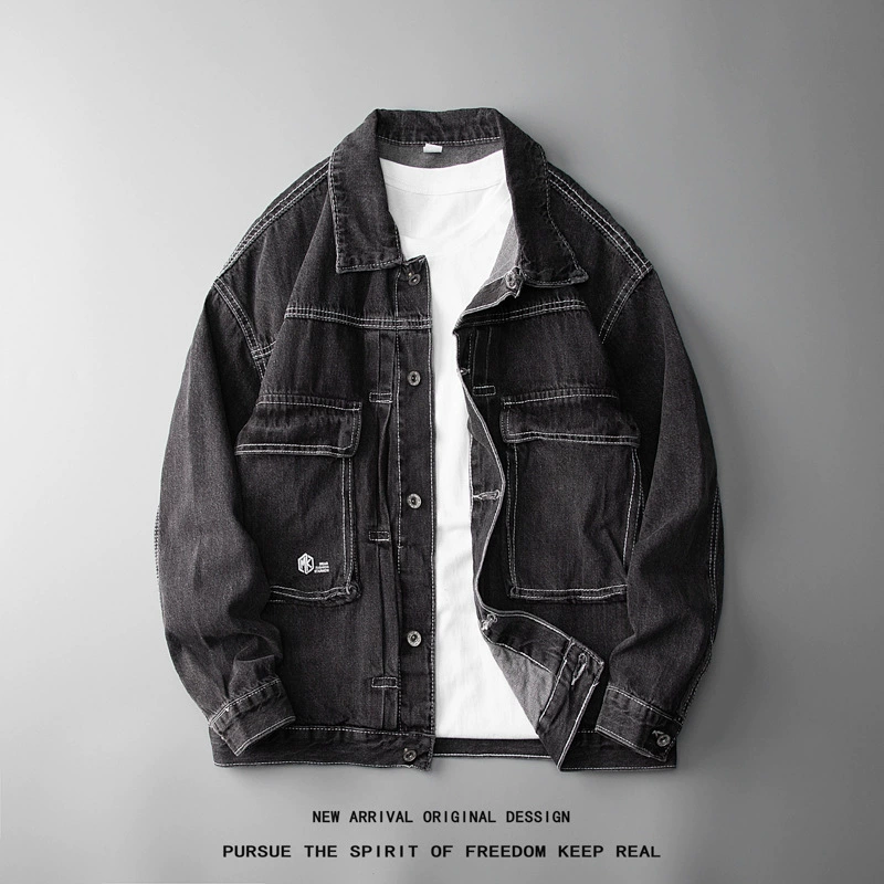 Long-sleeve, denim men's elastic autumn jacket, oversize