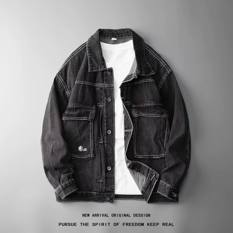 Long-sleeve, denim men's elastic autumn jacket, oversize