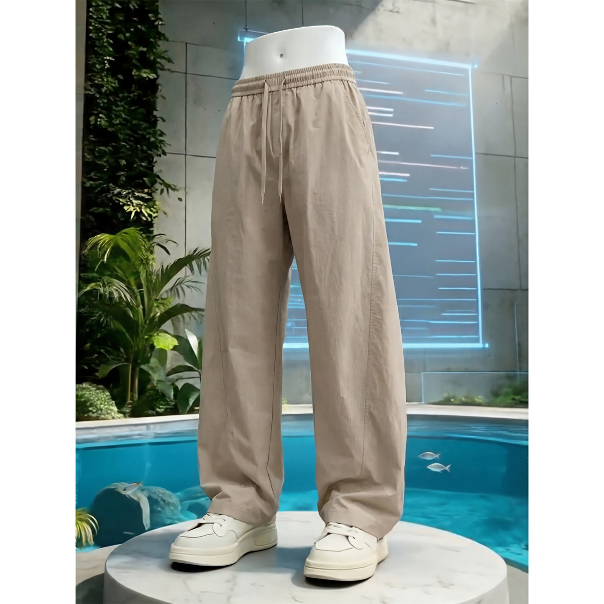 American retro khaki quick-drying curved trousers for men, summer cool and loose fit, thin hiking casual trousers