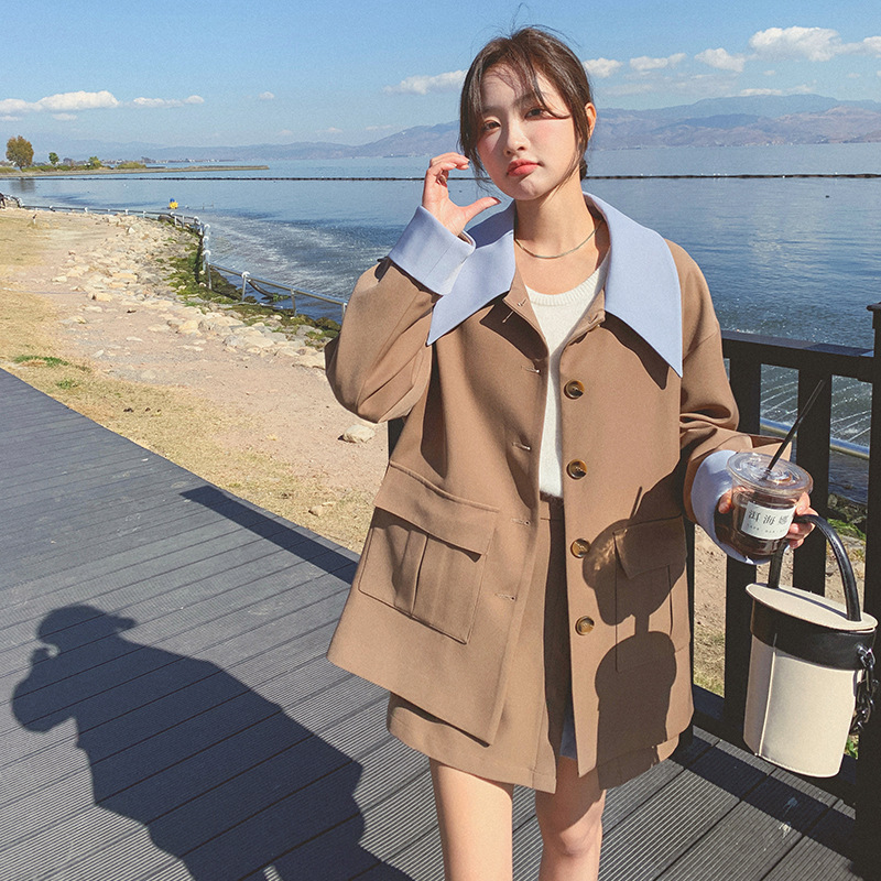 女式2023撞色翻领长袖西装外套高腰半身裙女春季时尚两件套时尚潮