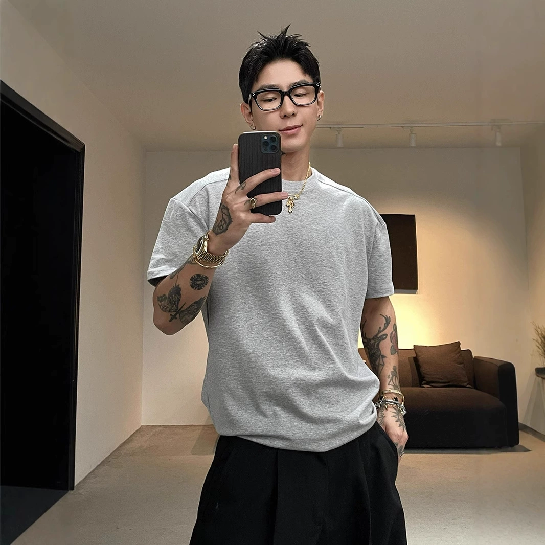 Цветок серый с короткими рукавами на плече мужской летний cleanfit тяжелый маленький воротник футболка американский прилив тонкая половина рукава