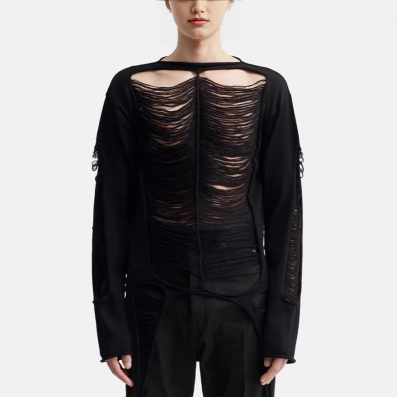 In-Stock Dark Gothic Style Irregularly Torn Knit Top, Niche Design Sheer Long-Sleeve Thin Cover-Up Blouse