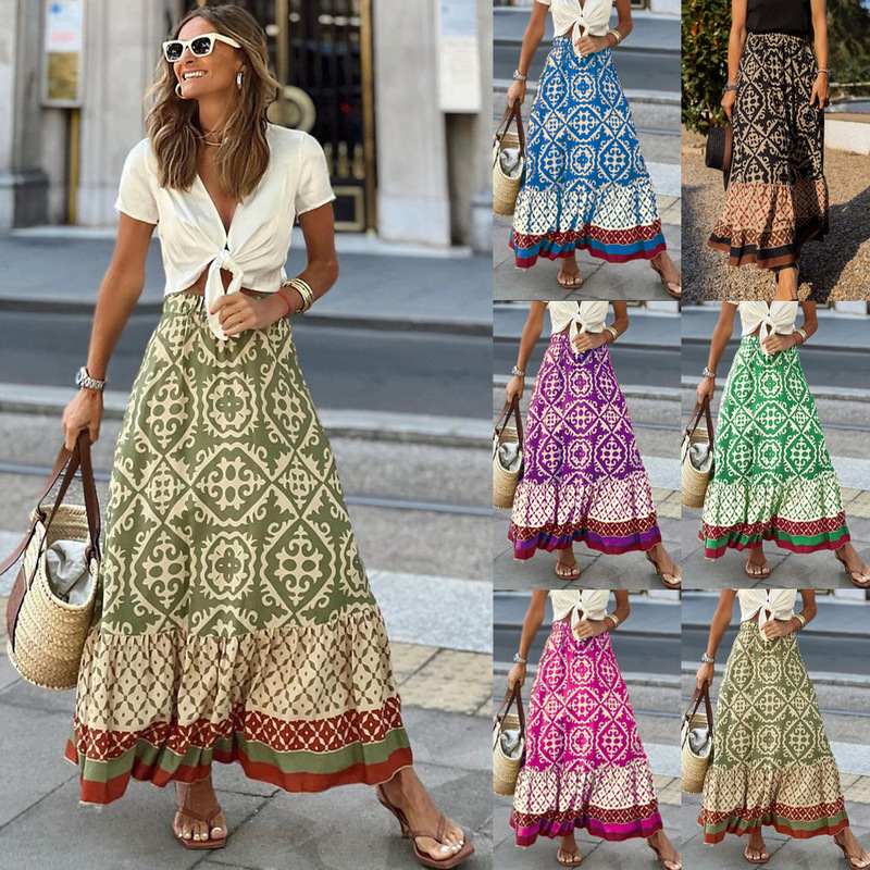 European and American Foreign Trade Half-Skirt 2026 Amazon Independent Site Summer New Printed Loose Patchwork Flared Skirt for Women