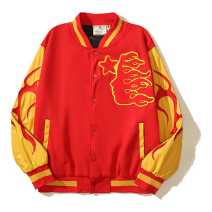 2024 American High Street Flame Star Baseball Uniform Splicing Patch Tiger Embroidered Leather Sleeve Jacket Jacket for Men and Women