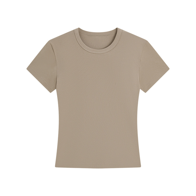 肩の半袖のtシャツの女性のフランスの丸首の2025夏の短いタイプの弾力の修身のギャルの風はやせている短い上着の女性を現します。