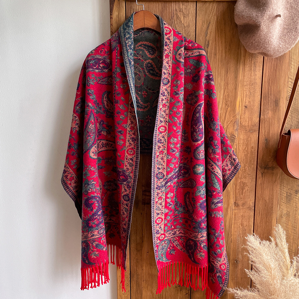 Otoño e Invierno nuevo Yunnan rojo estilo étnico mantón cabo viaje exterior desgaste Cachemira retro gruesa bufanda caliente