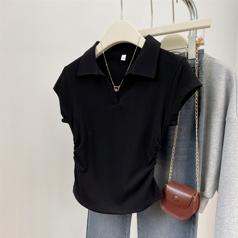 女性用半袖Tシャツ2025夏白ポロカラーラペルトップショートウエストスリムカジュアルデザイン|undefined