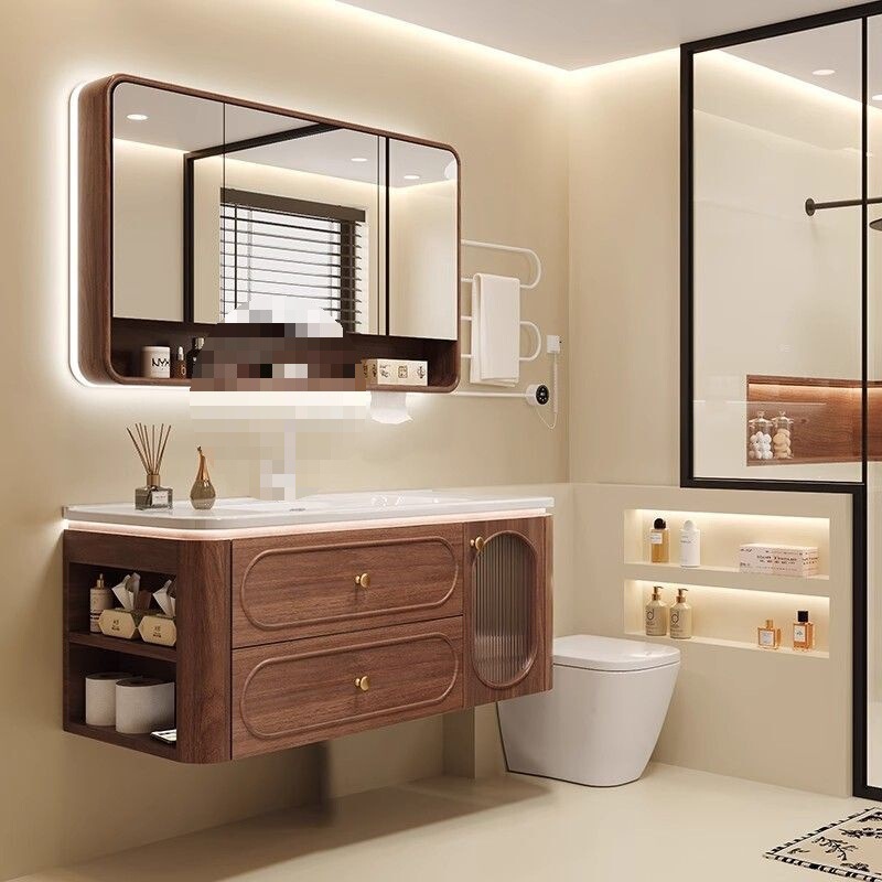 New Chinese-Style Walnut-Colored Bathroom Cabinet with Side Storage, Ceramic Basin, Bathroom Sink, Washbasin Combination Cabinet