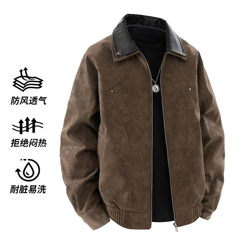 Men's Leather Jacket 2025 Cross-Border American Style Motorcycle Leather Coat Men's Spring and Autumn Turn-Down Collar Loose Fit Pilot Jacket